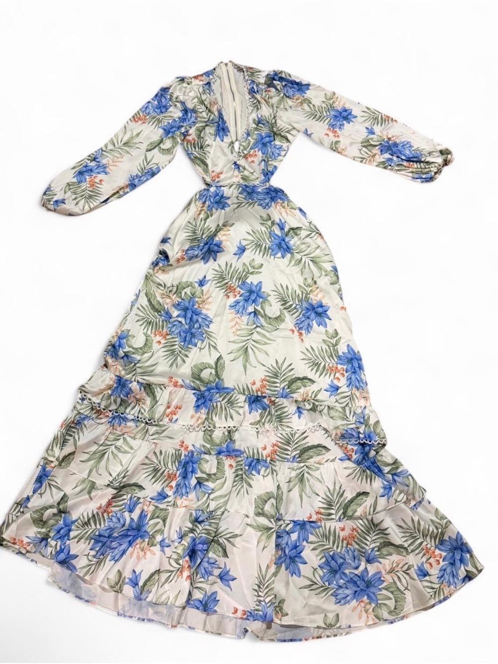 Floral V-Neck Maxi Dress in Blue and Cream